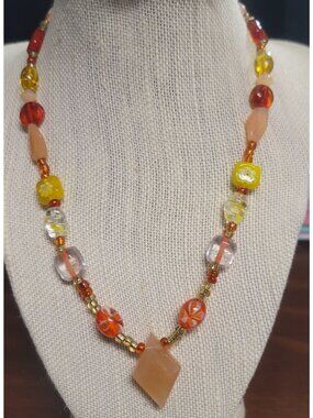 Handmade Painted Glass Bead Necklace Amber & Yellow Accents Geometric Pendant